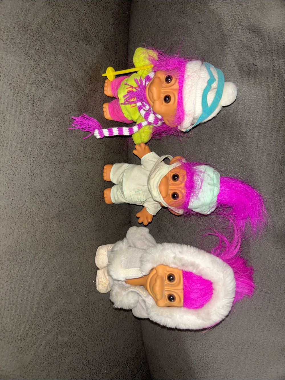 Russ Trio of Pink-Haired Troll Dolls in Winter Apparel